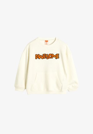 Crème-kleurige sweatshirt met een ontspannen fit, voorzien van een kangoeroezak en gedurfde "AWESOME" tekst in oranje. Geribbelde manchetten en onderkant.