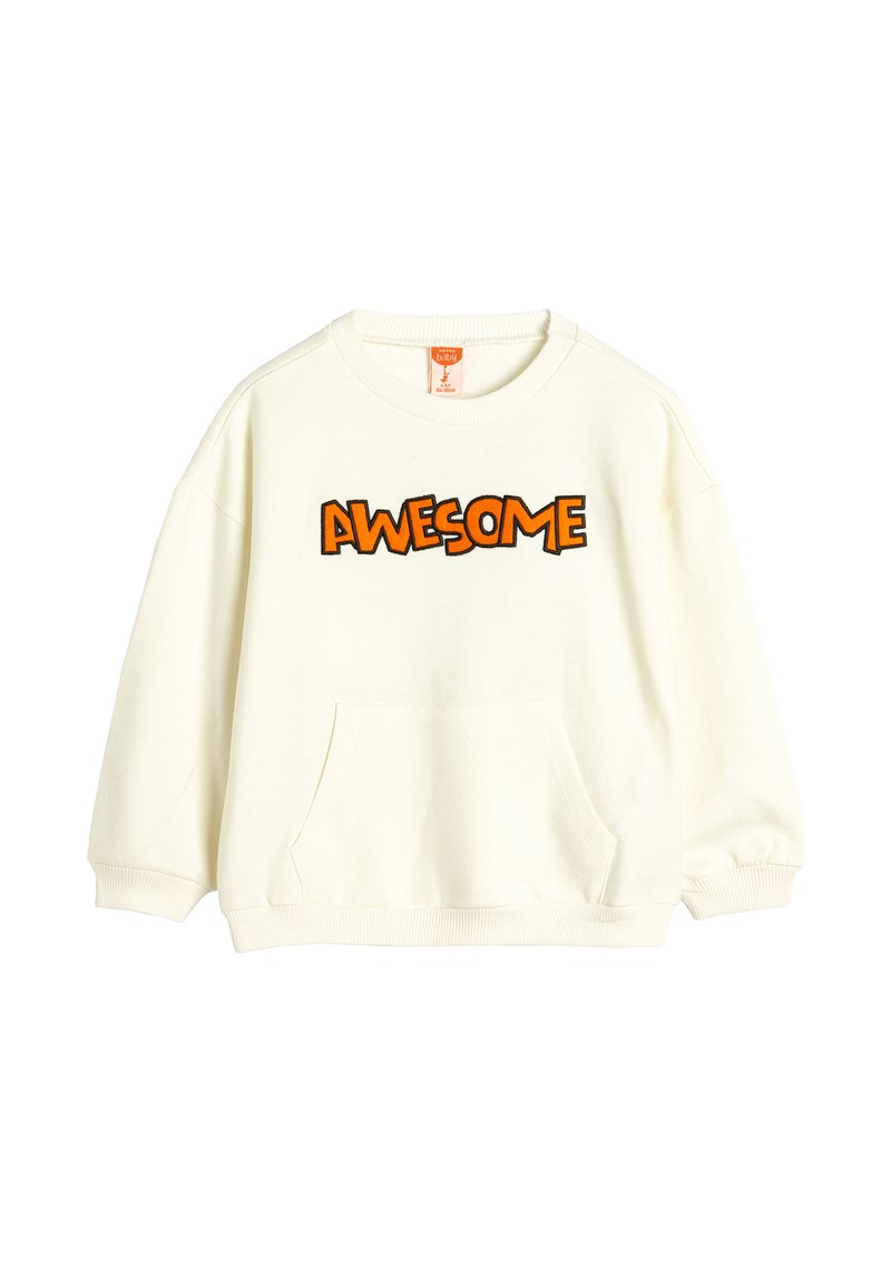 Krämfärgad sweatshirt med avslappnad passform, med en känguruficka och fet "AWESOME"-text i orange. Ribbstickade muddar och nederkant.