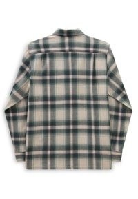 Košile s dlouhým rukávem v béžových, zelených a fialových tónech, s límečkem na knoflíky a dvěma záhyby na zádech pro snadnější pohyb.