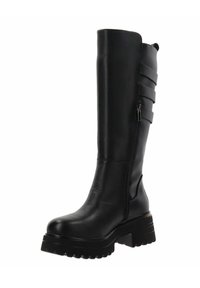 Bota de cuero negro hasta la rodilla con acabado suave, cremallera lateral y detalles de tiras en la parte superior. Suela gruesa para mayor agarre.