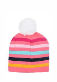 Gorro de punto con un pompón blanco, que presenta rayas horizontales en tonos de rosa, azul y amarillo, con una textura acanalada en la base.