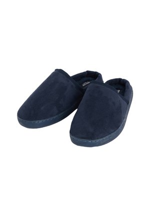 Navyblauwe instapslippers van zacht suede, met een ronde vorm, gevoerde binnenkant en gestikte details langs de zool.