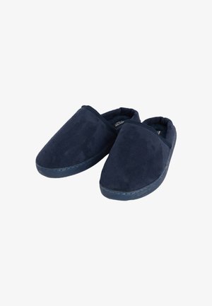 Chaussons bleu marine à enfiler en cuir suédé doux, avec une forme arrondie, un intérieur rembourré et des détails cousus le long de la semelle.
