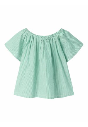 Mintgroene en witte blouse met verticale strepen, off-shoulder, brede mouwen en een elastische geplooide halslijn.