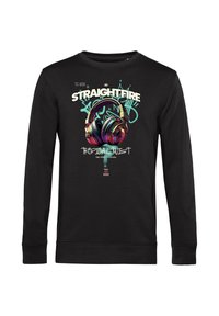 Zwarte langemouwen sweatshirt met een kleurrafische afbeelding van hoofdtelefoons en tekst. Gemaakt van zachte stof met een ronde hals en geribbelde manchetten.