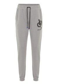 Graue Sweatpants aus weichem Stoff, mit einem elastischen Bund und Kordelzug, Bündchen an den Knöcheln und einem aufgedruckten Logo an der Seite.