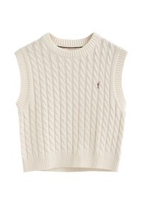 Ärmelloser Kabelstrickpullover in Off-White, mit geripptem Halsausschnitt und Saum, und subtilen braunen Logodetails auf der Brust.