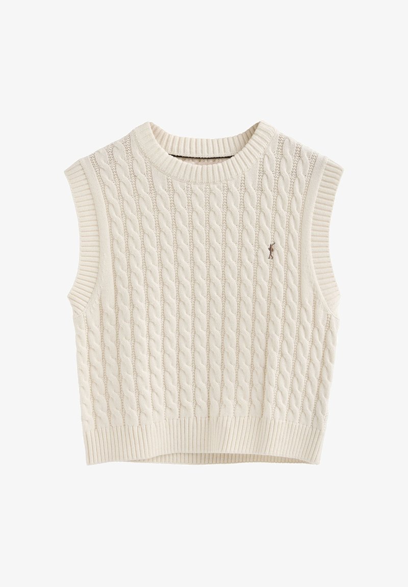 Ärmelloser Kabelstrickpullover in Off-White, mit geripptem Halsausschnitt und Saum, und subtilen braunen Logodetails auf der Brust.