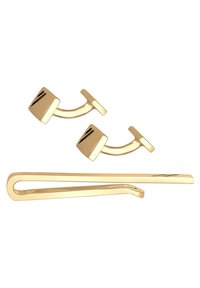 Goldfarbene Metall-Cufflinks mit einem geschwungenen Design und rechteckigen Basisflächen. Enthält eine passende goldfarbene Krawattennadel mit einem flachen Profil.