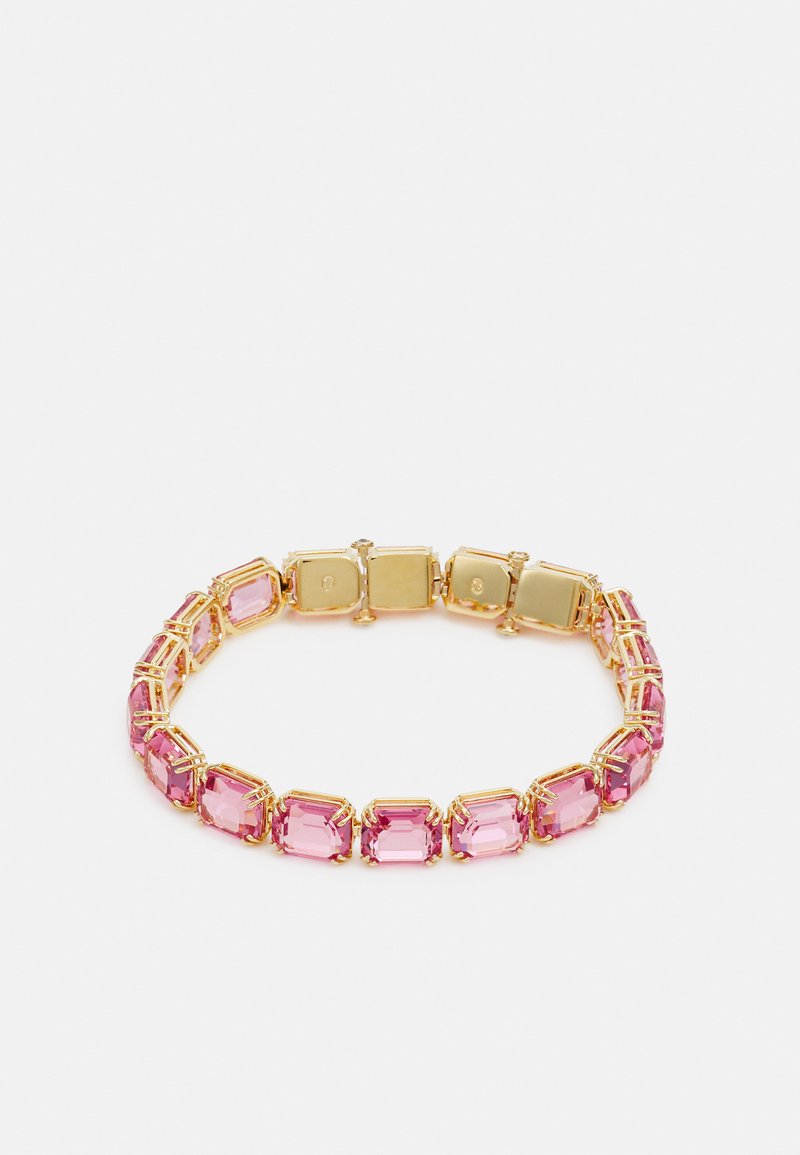 Gold-tone bracelet featuring rectangular pink stones, set closely in a metal frame, with a smooth finish and a secure clasp.