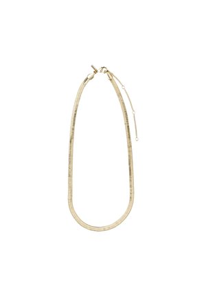 Gold-tone flat chain necklace with lobster clasp and adjustable extension chain on a white background.