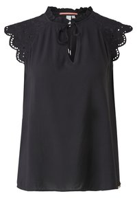 Zwarte blouse met franjehalslijn en sleufdetail. Beschikt over mouwen met kantafwerking met golvende randen. Soepele, lichte stof.
