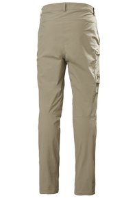 Beige lichtgewicht broek met elastische tailleband, ritszakken en zijcargozak, gemaakt van duurzame, soepel geweven stof.