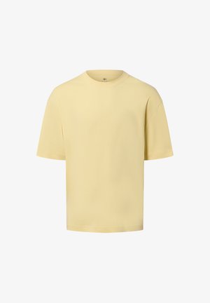 Gelbes Baumwoll-T-Shirt mit kurzen Ärmeln, rundem Halsausschnitt und übergroßer Passform. Glatte Textur, keine sichtbaren Muster oder Akzente.