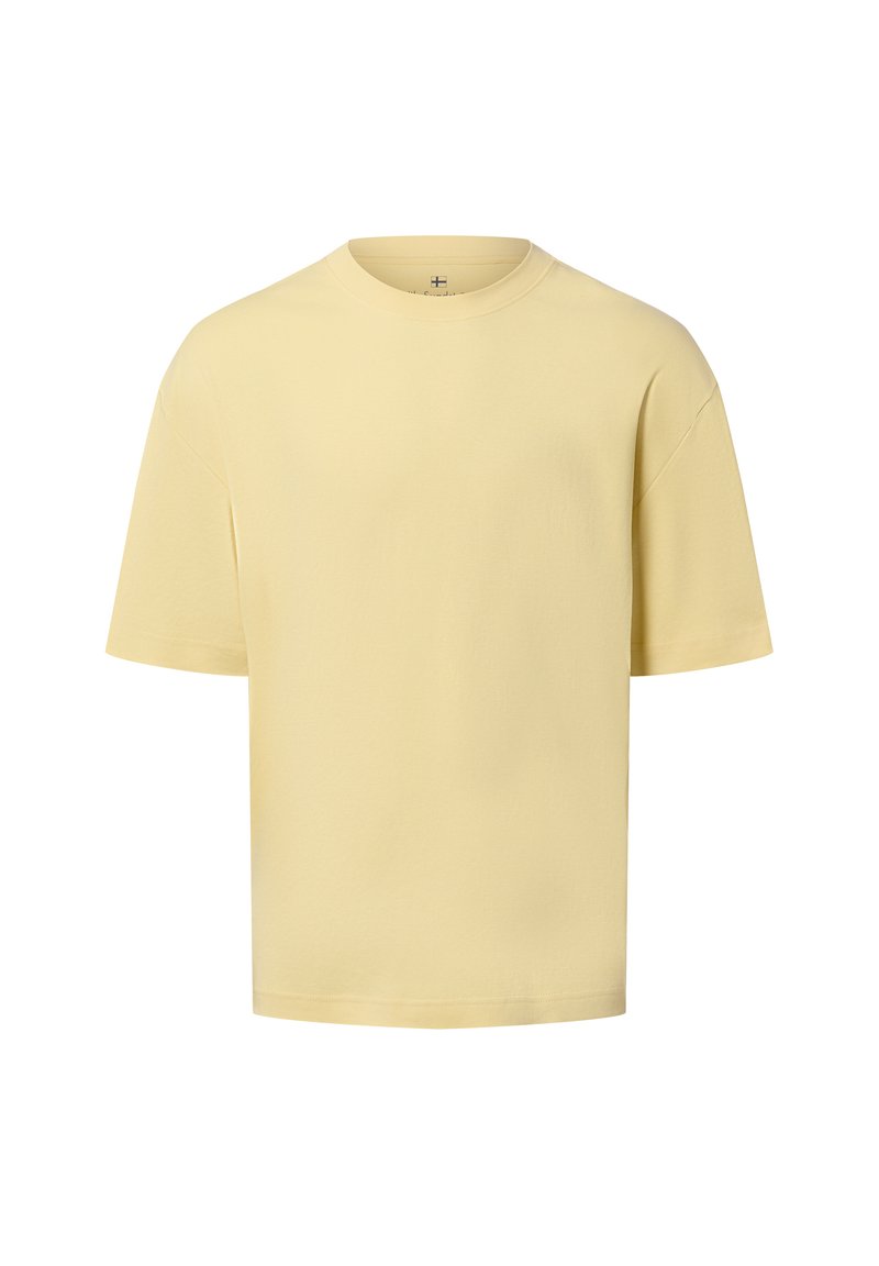 Gelbes Baumwoll-T-Shirt mit kurzen Ärmeln, rundem Halsausschnitt und übergroßer Passform. Glatte Textur, keine sichtbaren Muster oder Akzente.