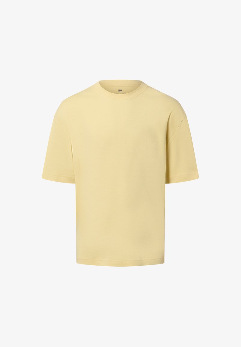 Gelbes Baumwoll-T-Shirt mit kurzen Ärmeln, rundem Halsausschnitt und übergroßer Passform. Glatte Textur, keine sichtbaren Muster oder Akzente.