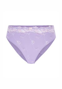 Lavendelfarbene Unterhose mit floraler Stickerei am Bund, versehen mit einem kleinen Schleifendetail, glatter Textur und mittelhohem Schnitt.