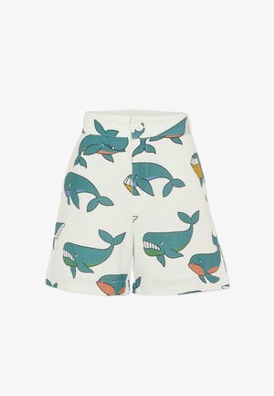 Witte korte broek met knoopsluiting en blauwgroene illustraties van walvissen in diverse speelse houdingen over de hele stof.