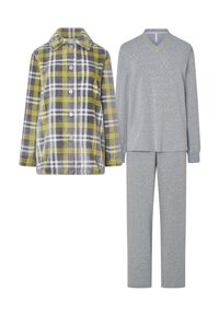 Conjunto de pijama de franela: parte superior de cuadros gris y amarillo con botones; parte superior de manga larga gris claro con pequeño patrón de puntos amarillos; pantalones grises a juego.