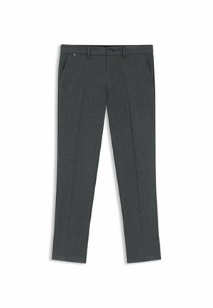 Dunkelgraue gerade geschnittene Hose aus strukturiertem Stoff, mit Knopfverschluss, Gürtelschlaufen und Seitentaschen.