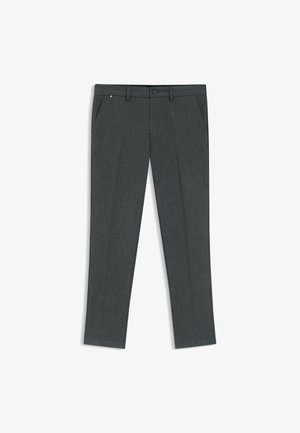 Dunkelgraue gerade geschnittene Hose aus strukturiertem Stoff, mit Knopfverschluss, Gürtelschlaufen und Seitentaschen.
