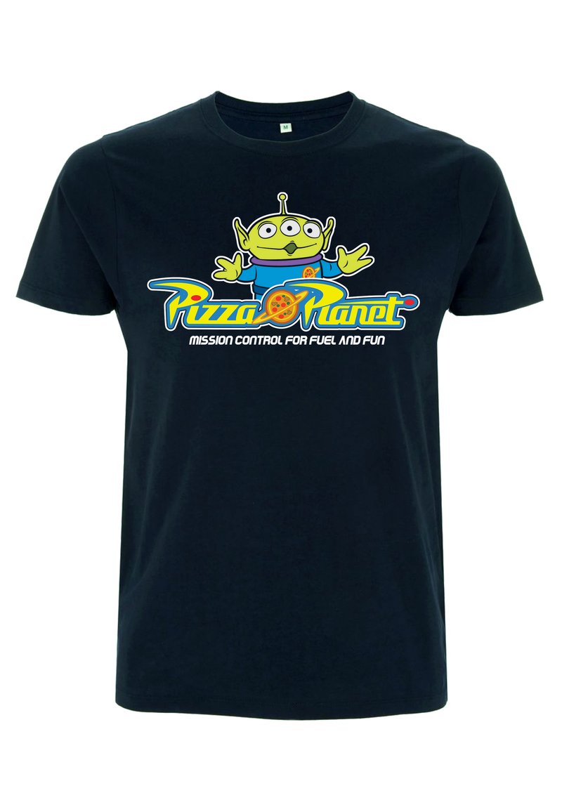 Svart bomull T-shirt med en färgglad grafik av en grön alien med tre ögon, märkt "Pizza Planet" och text nedanför. Kortärmad.