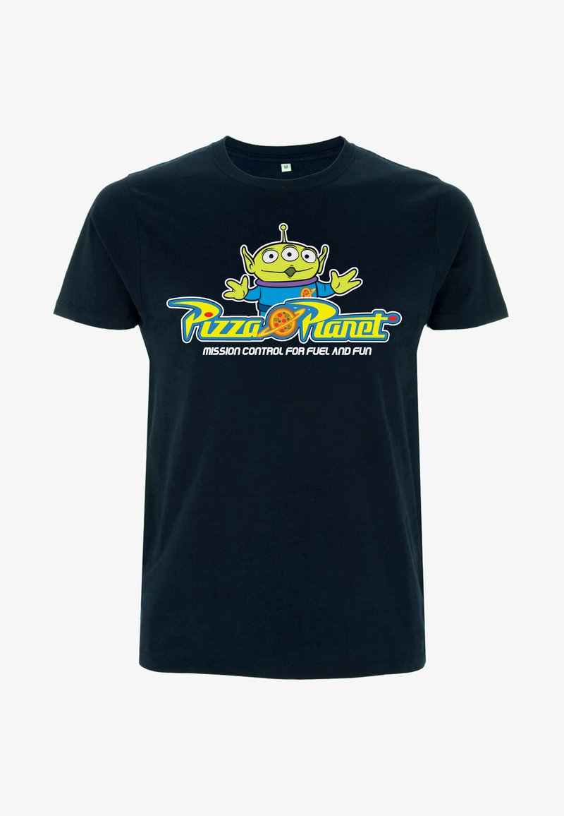 Svart bomull T-shirt med en färgglad grafik av en grön alien med tre ögon, märkt "Pizza Planet" och text nedanför. Kortärmad.