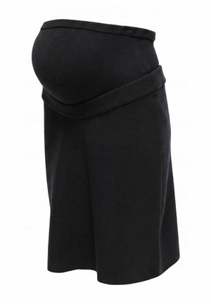 Jupe de maternité noire avec une ceinture élastique et un panneau ventre arrondi conçu pour le confort et le soutien.