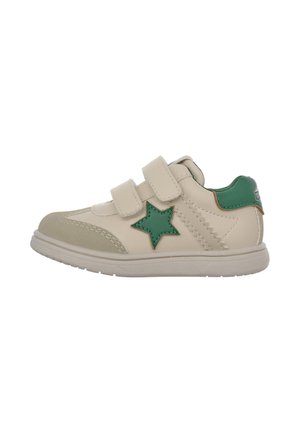 Cream and green children's sneaker with two Velcro straps and a green star on the side.