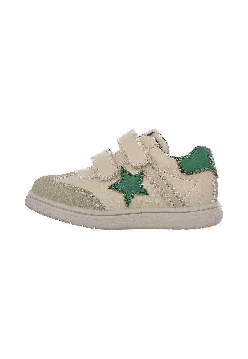 Baskets enfant crème et vertes avec deux bandes Velcro et une étoile verte sur le côté.