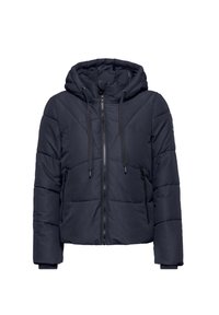 Veste matelassée bleu marine avec capuche, fermeture éclair sur le devant et poches latérales. Conçue en matériau matelassé avec une finition lisse.