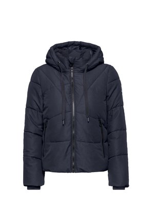 Veste matelassée bleu marine avec capuche, fermeture éclair sur le devant et poches latérales. Conçue en matériau matelassé avec une finition lisse.
