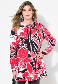 Tunica con cappuccio realizzata in tessuto, caratterizzata da un audace motivo floreale rosso, bianco e nero, con una vestibilità comoda e maniche lunghe.