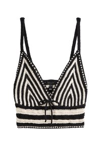 Schwarz-weiß gestreifter gehäkelter Crop-Top mit dünnen Schulterträgern und einem vorderen Schleifendetail.