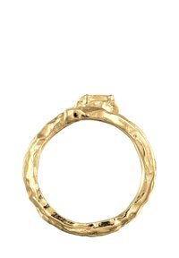 Inel de aur cu un brâu texturat, împletit și o montură rectangulară pentru piatră în partea de sus, care evidențiază un design unic și organic.