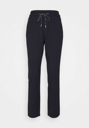 Pantalon noir droit avec taille élastique et cordon noir et blanc, présenté sur fond blanc uni.