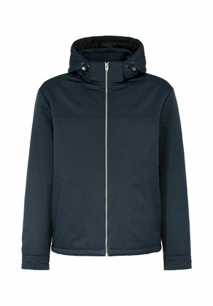 Granatowa kurtka, miękka tkanina, zamek błyskawiczny z przodu, regulowany kaptur na napy, dwie kieszenie boczne, prosty krój, lekka konstrukcja.