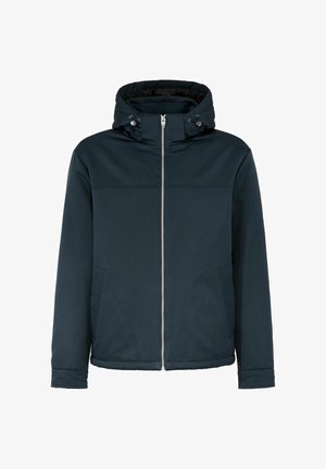 Granatowa kurtka, miękka tkanina, zamek błyskawiczny z przodu, regulowany kaptur na napy, dwie kieszenie boczne, prosty krój, lekka konstrukcja.