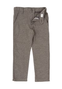Pantalones con patrón de espiga en gris, con cinturilla abotonada, bolsillos laterales y un corte ajustado. Fabricados con tejido texturizado.