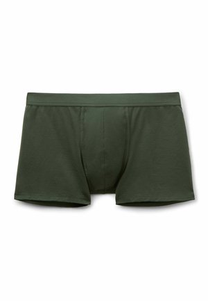 Tmavě zelené pánské boxerky s širokým elastickým pasem, přední konturovanou kapsou a jednoduchým švem.