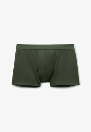 Tmavě zelené pánské boxerky s širokým elastickým pasem, přední konturovanou kapsou a jednoduchým švem.