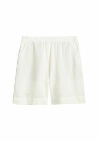 Witte linnen shorts met een elastische tailleband, twee zijzakken en een rechte pijpdesign. Glad textuur, knielange pasvorm.