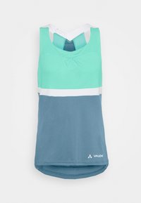 Canottiera atletica leggera con design a blocchi di colore in verde menta, bianco e verde scuro. Presenta una schiena in rete e dettagli arricciati sul davanti.