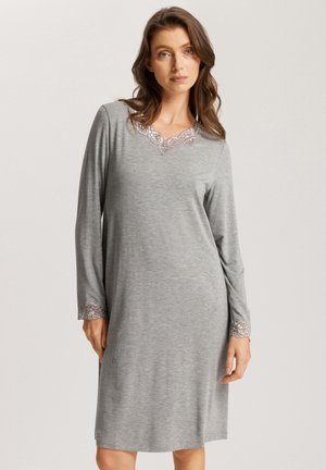 Gray long-sleeve nightgown with a lace-trimmed V-neck and lace accents at the cuffs; soft fabric and relaxed fit.