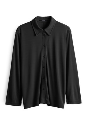 Camicia nera a maniche lunghe con colletto, realizzata in tessuto liscio, dotata di una vestibilità dritta e chiusura a bottoni visibile sulla parte anteriore.