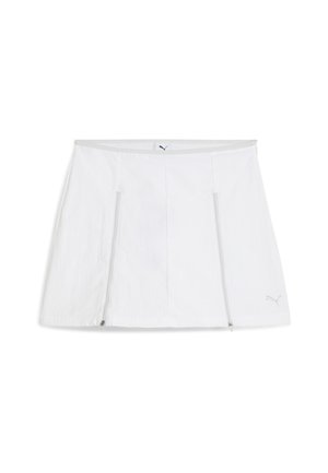 Gonna sportiva bianca con vita piatta, tasche con zip su entrambi i lati e dettaglio del logo in basso a destra. Tessuto liscio e leggero.