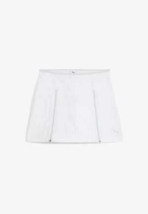 Gonna sportiva bianca con vita piatta, tasche con zip su entrambi i lati e dettaglio del logo in basso a destra. Tessuto liscio e leggero.