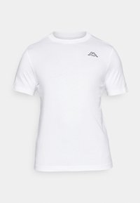White cotton t-shirt with a round neck, short sleeves, and a small black logo on the upper left side. Soft texture, standard fit.