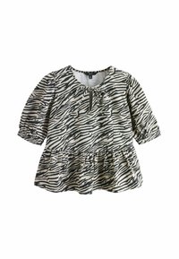 Sort og beige zebra-stribet bluse med rund halsudskæring, nøglehulldetalje og puffede ærmer. Har en flæset kant for ekstra tekstur.