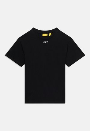Μαύρο κοντομάνικο μπλουζάκι με στρογγυλή λαιμόκοψη και μικρό λευκό κείμενο "OFF" στο κέντρο, ακριβώς κάτω από το γιακά μπροστά.